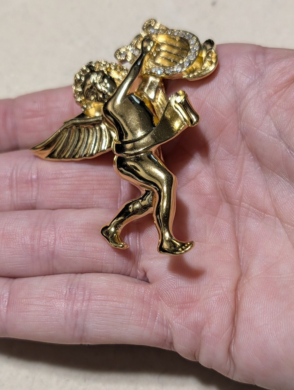 Givenchy Vintage Angel Pin Brooch Cherub Harp Rhinestone Gold Signed - Picture 6 of 14
